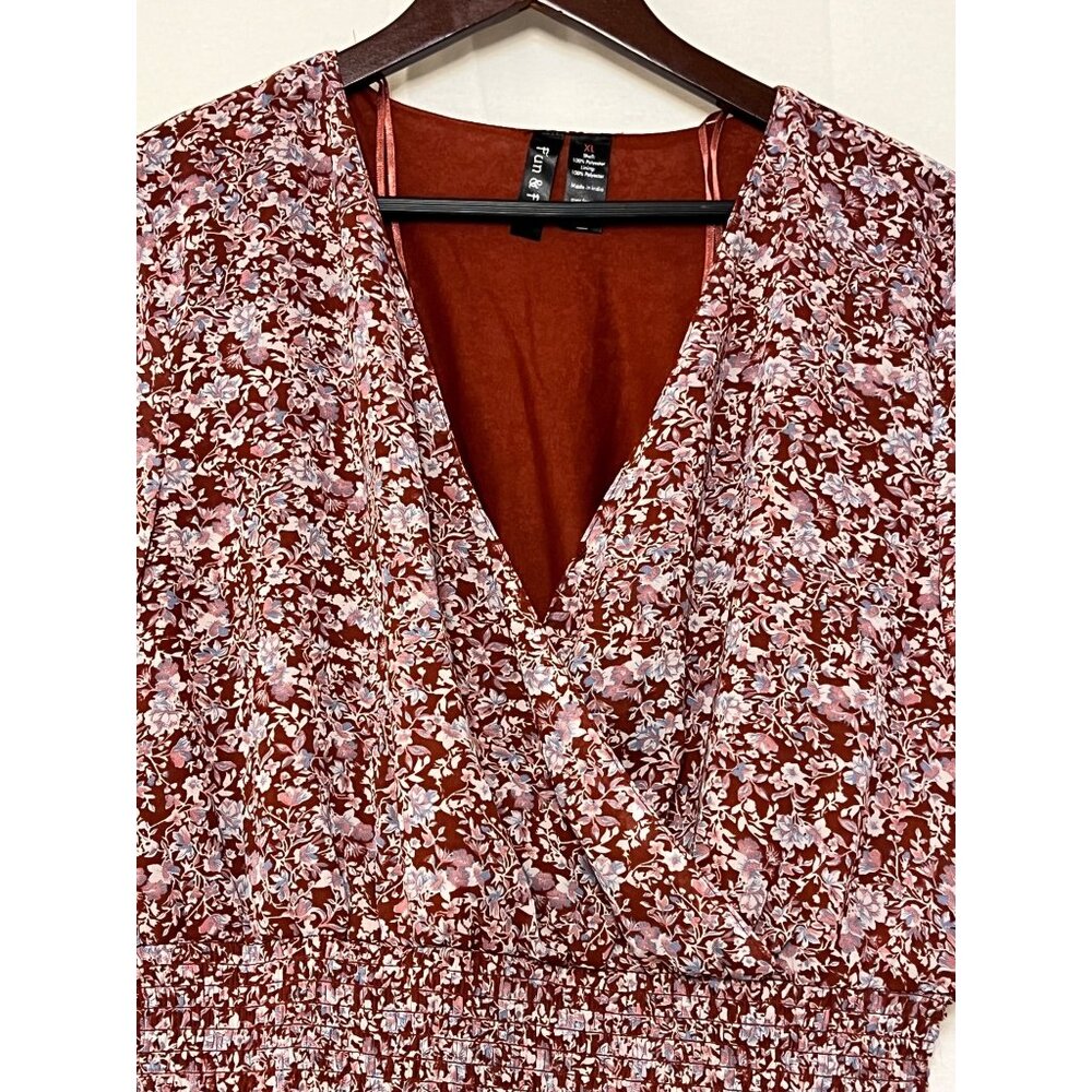 Fun & Flirt Floral Smocked Peplum Blouse XL V-Neck Long Sleeve Red & White - Picture 4 of 16